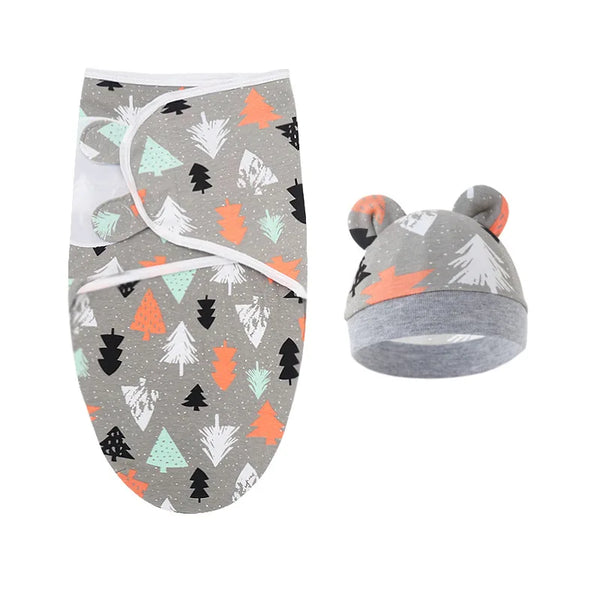 Cartoon Baby Swaddle Set Adjustable Infant Wrap with Matching Hat for All Season Comfort