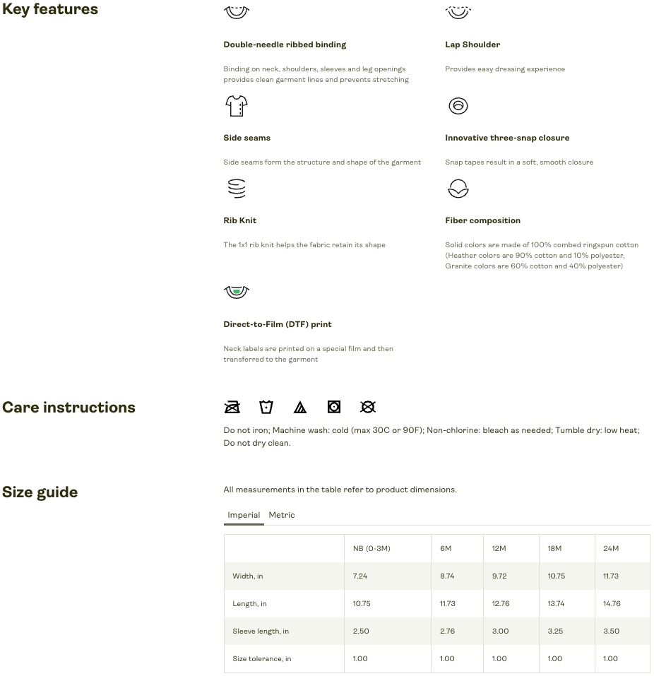 Size and product details for Big Heart Big Smile Unisex Baby Onesie