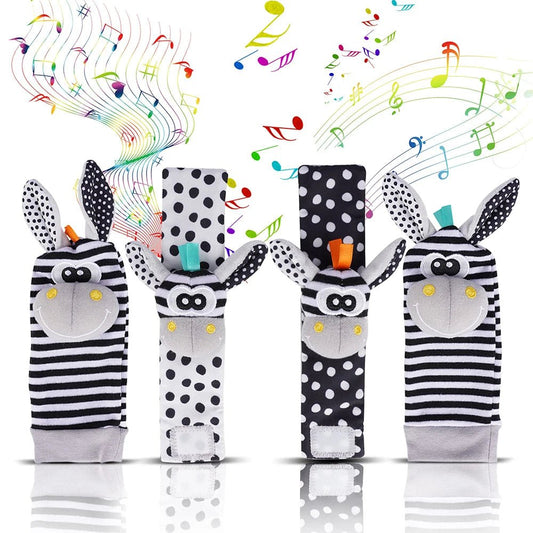 Adorable baby rattle socks and wristbands designed for sensory play