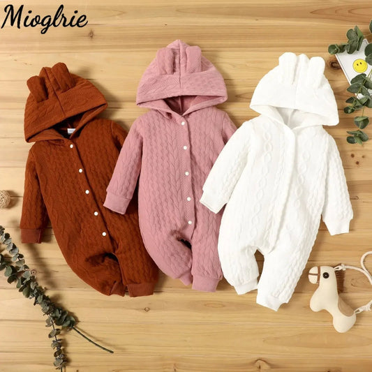 Adorable hooded baby romper crafted for soft winter warmth