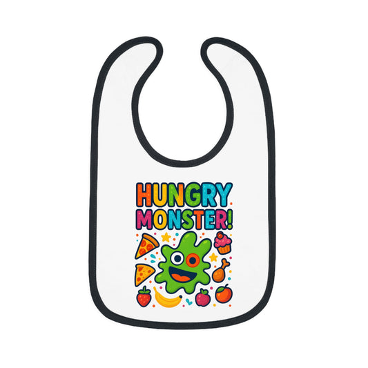 Baby wearing Amiba Monsters Hungry Monster bib.
