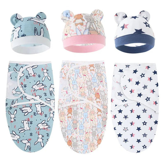 Cartoon baby swaddle set with adjustable wrap and matching hat