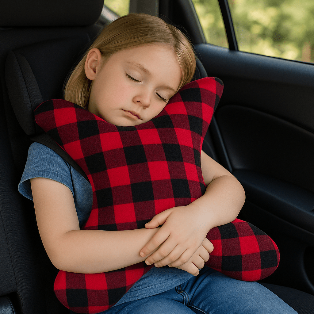 Soft handmade monster pillow crafted for cozy naps in children’s car seats
