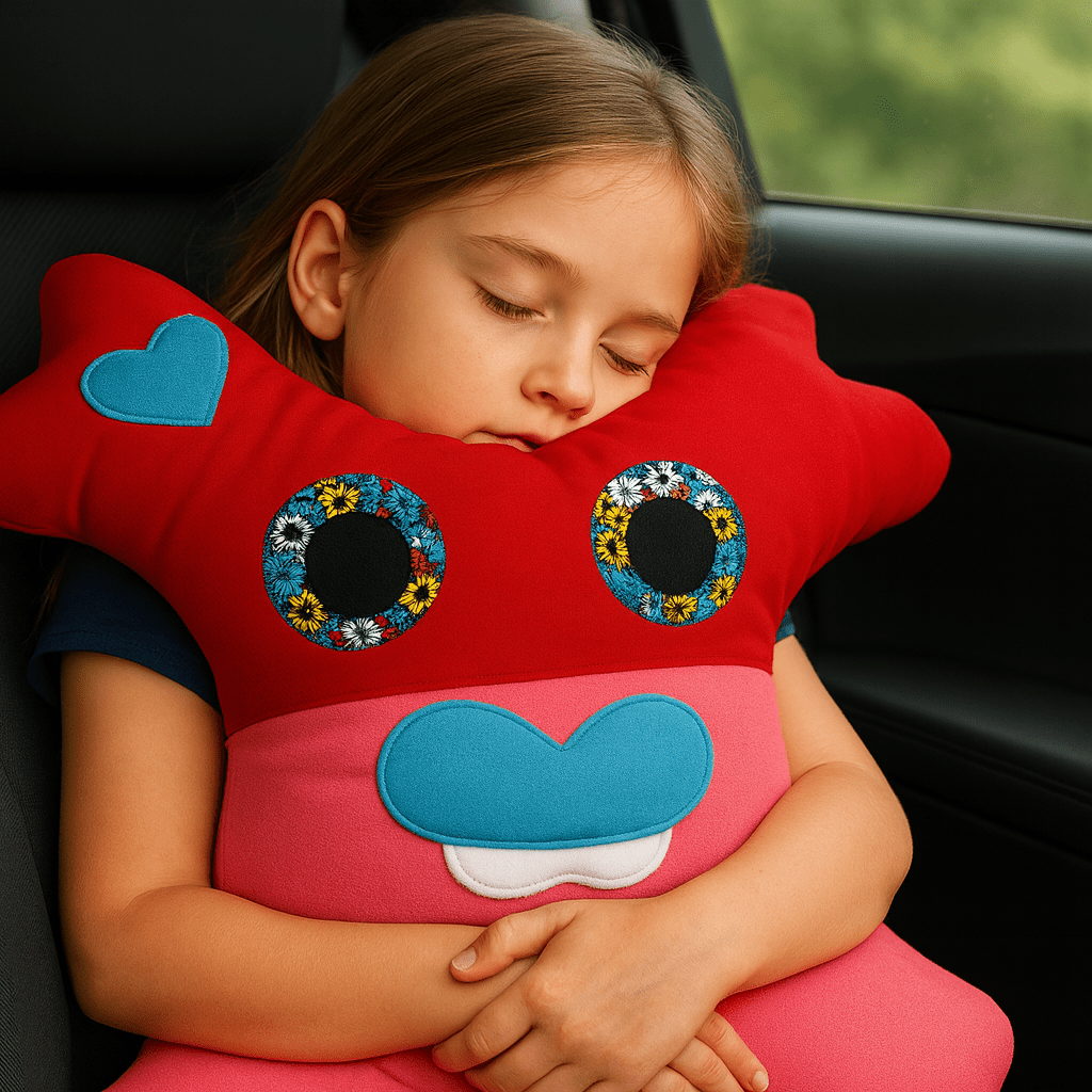 Soft handmade monster pillow crafted for cozy naps in child travel rides