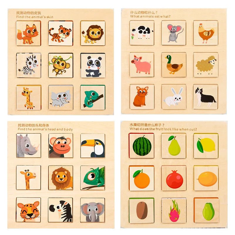 Children’s cognitive puzzle crafted with fruit and animal themes