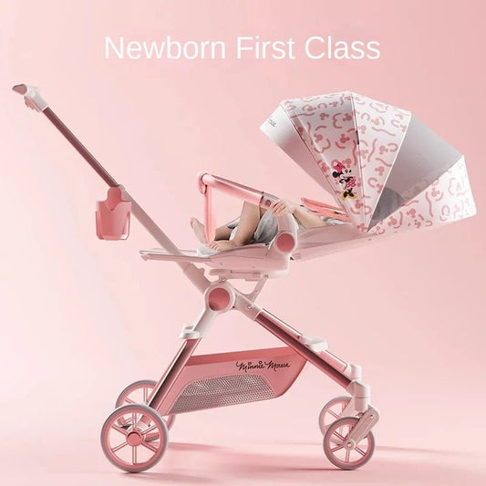 Lightweight pink travel stroller with foldable design for easy transport, offering comfort and safety for babies during daily outings, vacations, and stress-free family adventures.