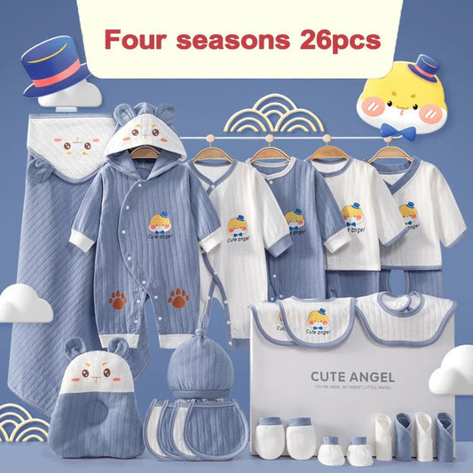 Newborn cotton gift set with breathable essentials designed to keep babies comfortable, stylish, and cozy in every season of the year.