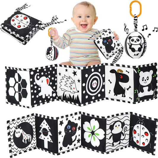 Newborn high contrast cloth book stimulates early vision and brain growth with bold patterns designed for infant sensory development.
