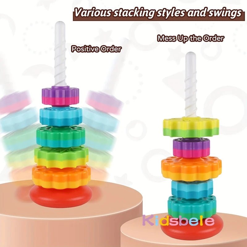 Interactive Rainbow Spin Stacker Toy helps kids learn shapes, colors, and balance while boosting early motor development.