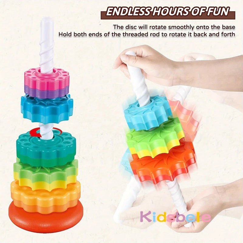 Rainbow Spin Stacker Toy designed for hands-on learning that promotes coordination, motor skills, and color recognition.