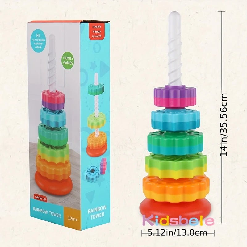 Colorful Rainbow Spin Stacker Toy encourages kids to build, balance, and learn while developing fine motor skills.