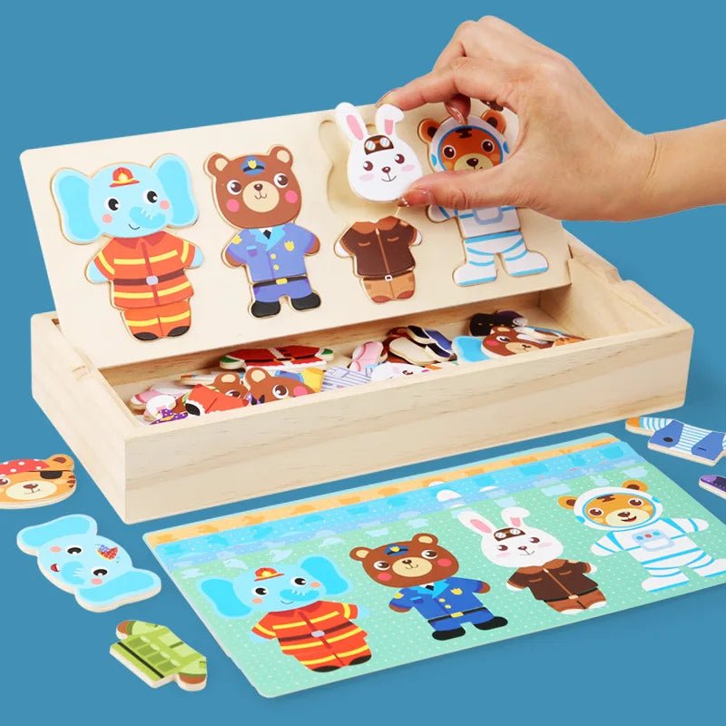 Dress-Up Wooden Puzzle Set develops imagination, storytelling, and motor skills for kids ages 3–6 with animal family fun.