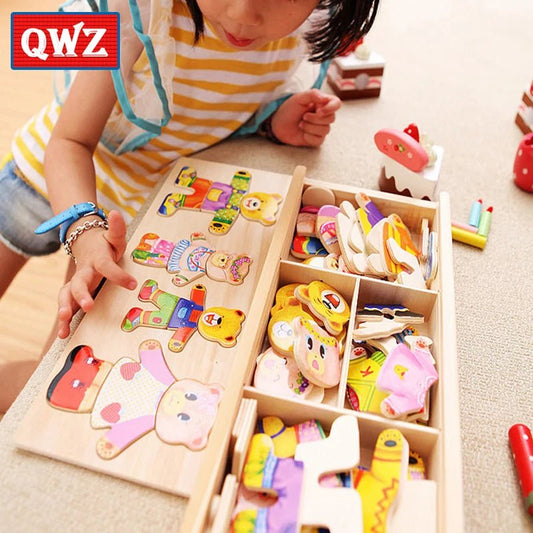 Wooden Dress-Up Puzzle Set helps kids ages 3–6 learn creativity, problem-solving, and motor skills with fun animal family outfits.