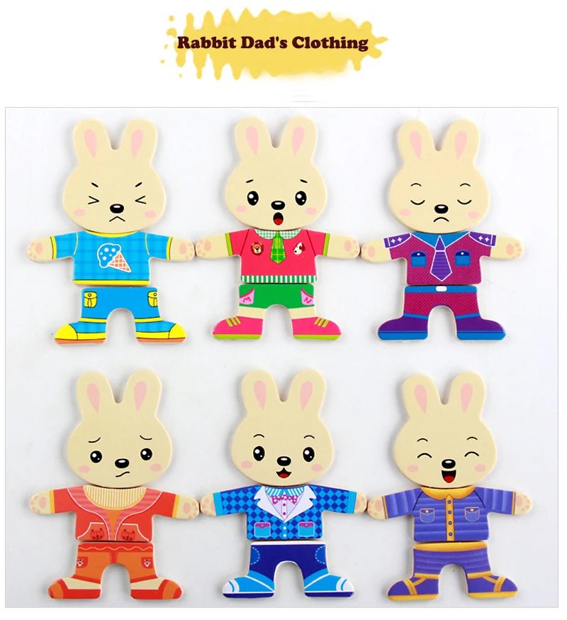 Wooden Puzzle Dress-Up Toy with Animal Family pieces inspires creativity, role play, and imagination in kids 3–6 years old.