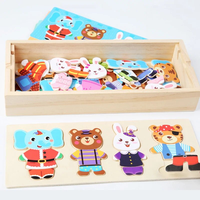 Educational Wooden Puzzle for Animal Dress-Up sparks imagination, role play, and creativity for children ages 3–6.