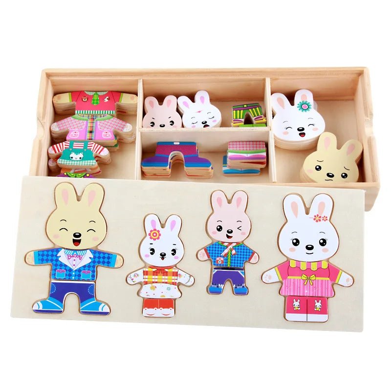 Wooden Animal Dress-Up Puzzle Set for children 3–6 develops fine motor skills, imaginative play, and cognitive growth in a fun, hands-on way.