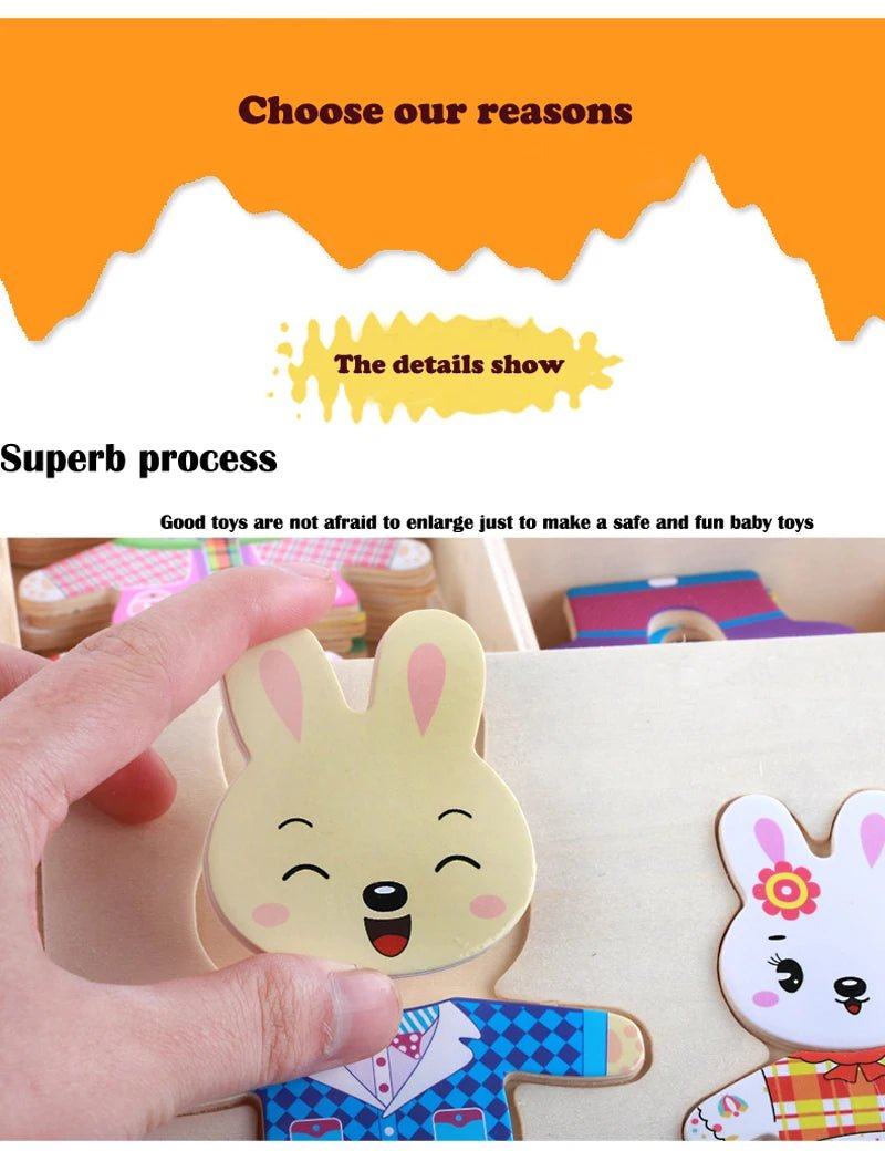 Interactive Wooden Dress-Up Puzzle teaches storytelling, skill-building, and creativity for kids 3–6 through animal family fun.