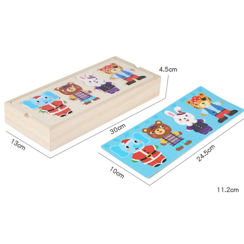 Wooden Puzzle with Animal Dress-Up outfits inspires storytelling and educational play for kids 3–6 while building coordination.