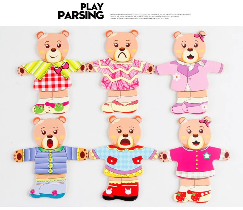 Wooden Puzzle Set for Animal Family Dress-Up develops motor skills, creativity, and cognitive abilities in kids ages 3–6.