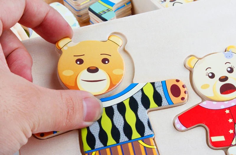 Wooden Dress-Up Puzzle Toy for Kids ages 3–6 promotes role play, creativity, and skill-building through animal family dress-up fun.