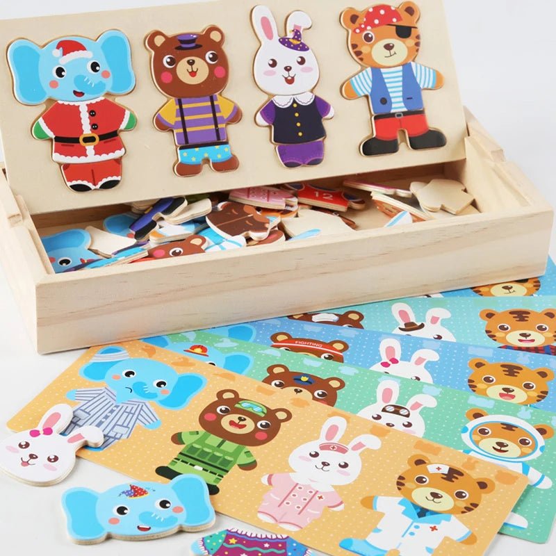 Wooden Animal Family Puzzle Set promotes motor skill development and imagination for kids 3–6 with creative dress-up activities.