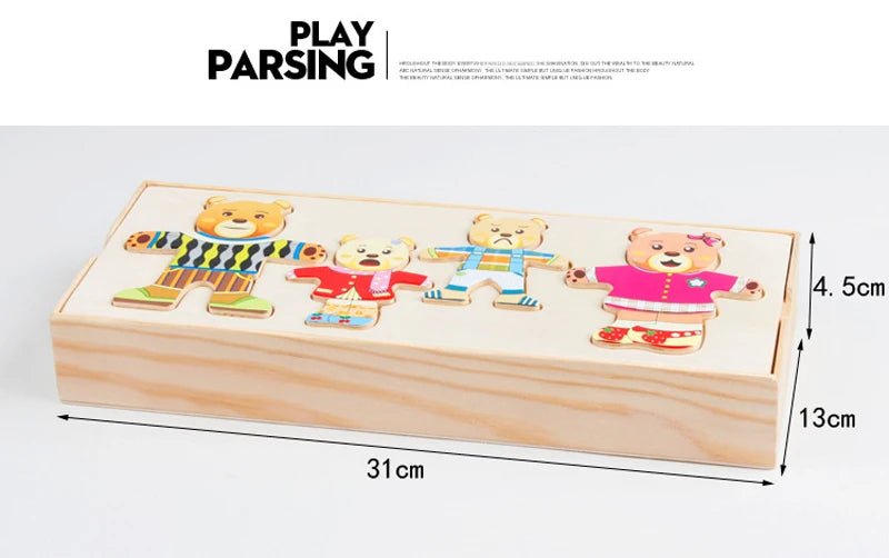 Animal Family Dress-Up Puzzle made of wood engages kids 3–6 in imaginative play while enhancing cognitive and coordination skills.