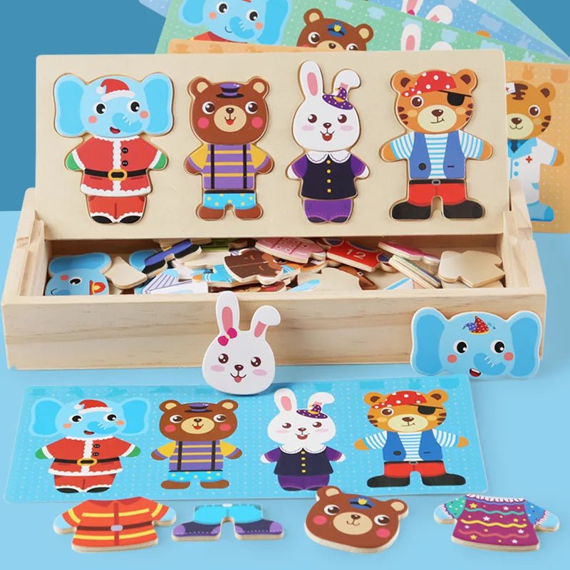 Wooden Dress-Up Puzzle with Animal Family characters enhances kids’ creativity, coordination, and learning through engaging role play.