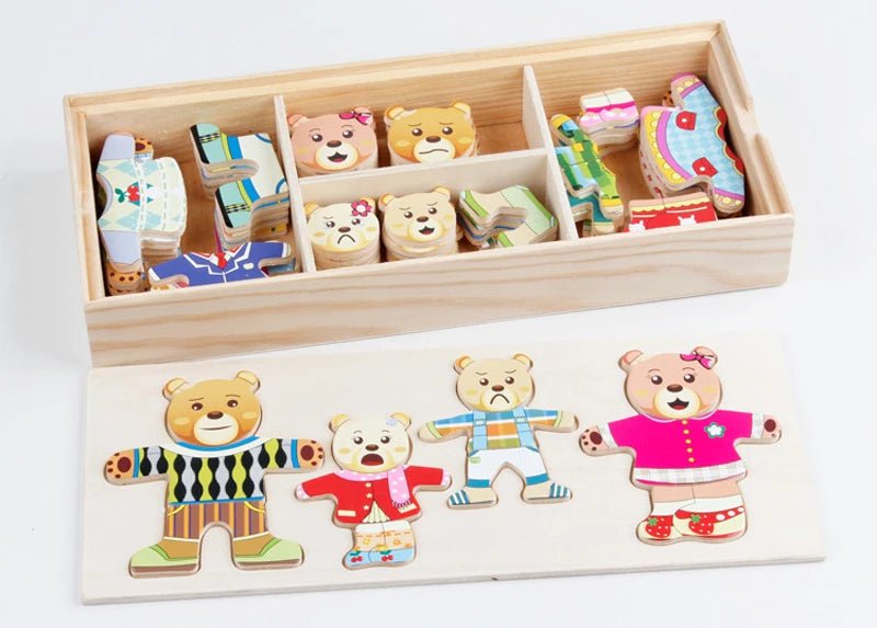 Wooden Puzzle Dress-Up Toy for Animal Families boosts motor skills, creativity, and storytelling fun for children 3–6 years old.